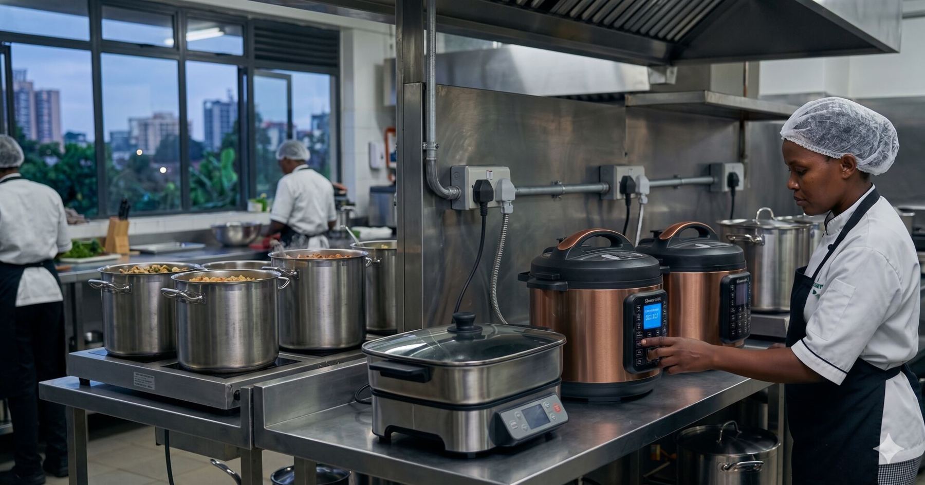 A cook using electric pressure cookers in an institutional kitchen that has switched to clean cooking