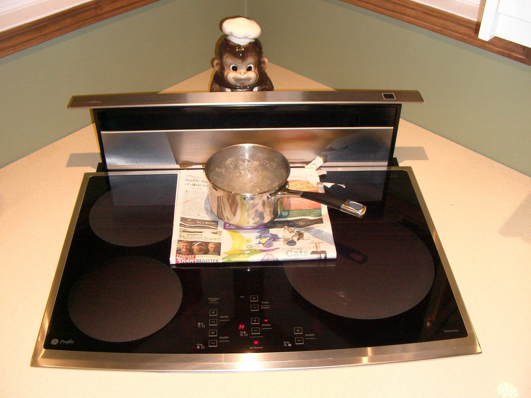 A pot boiling on an electric induction cooktop