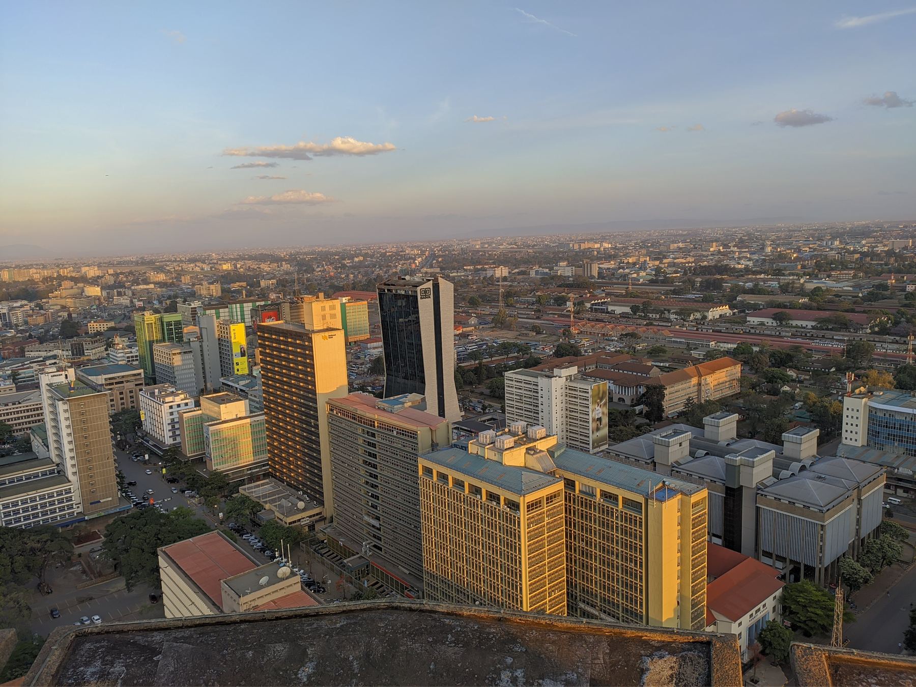 Aerial view of Nairobi's city centre from the KICC rooftop at golden hour