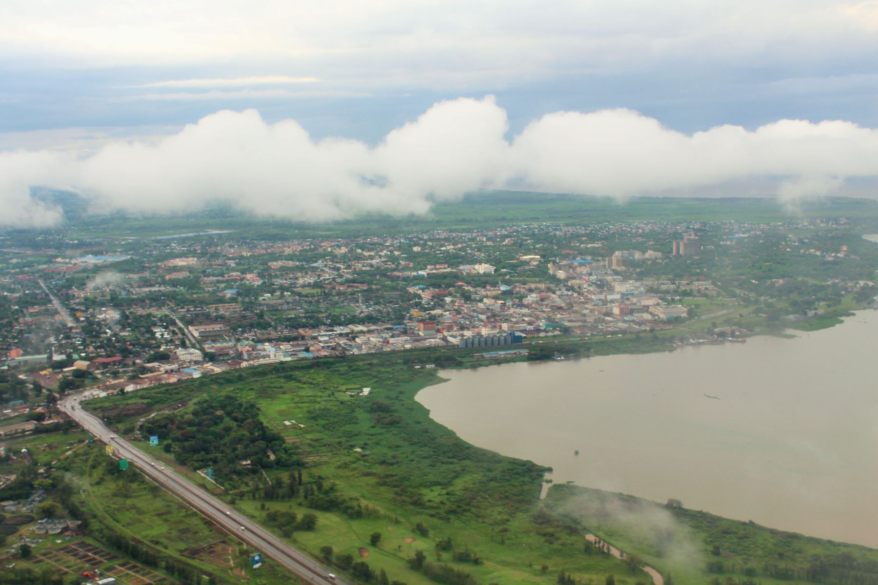 Kisumu city and the shore of Lake Victoria seen from above