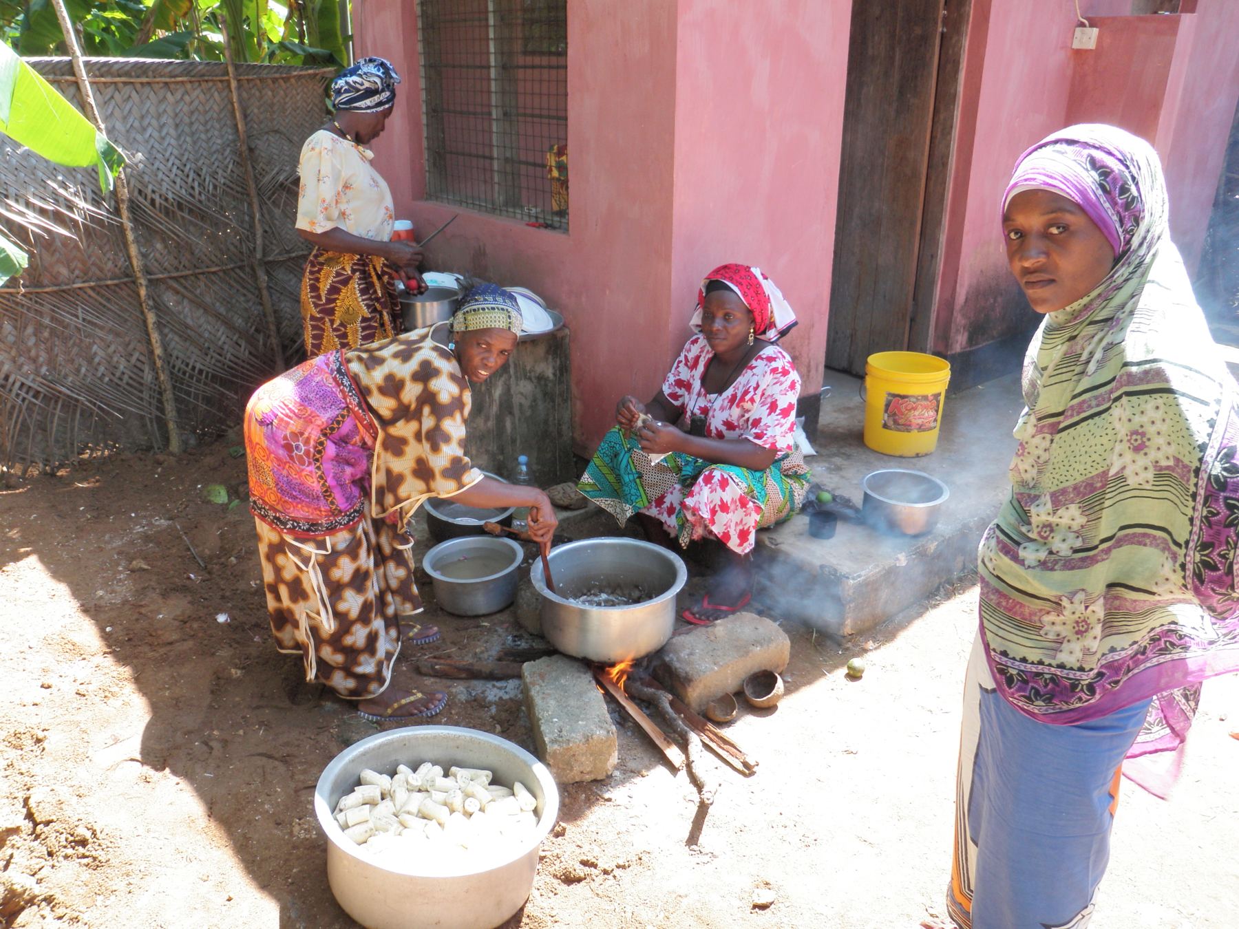 Women cooking in pots over open fires outside a home in Kenya