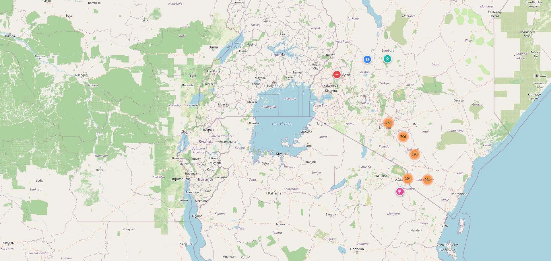 CleanCookIQ map of Kenya showing clusters of institutions across counties