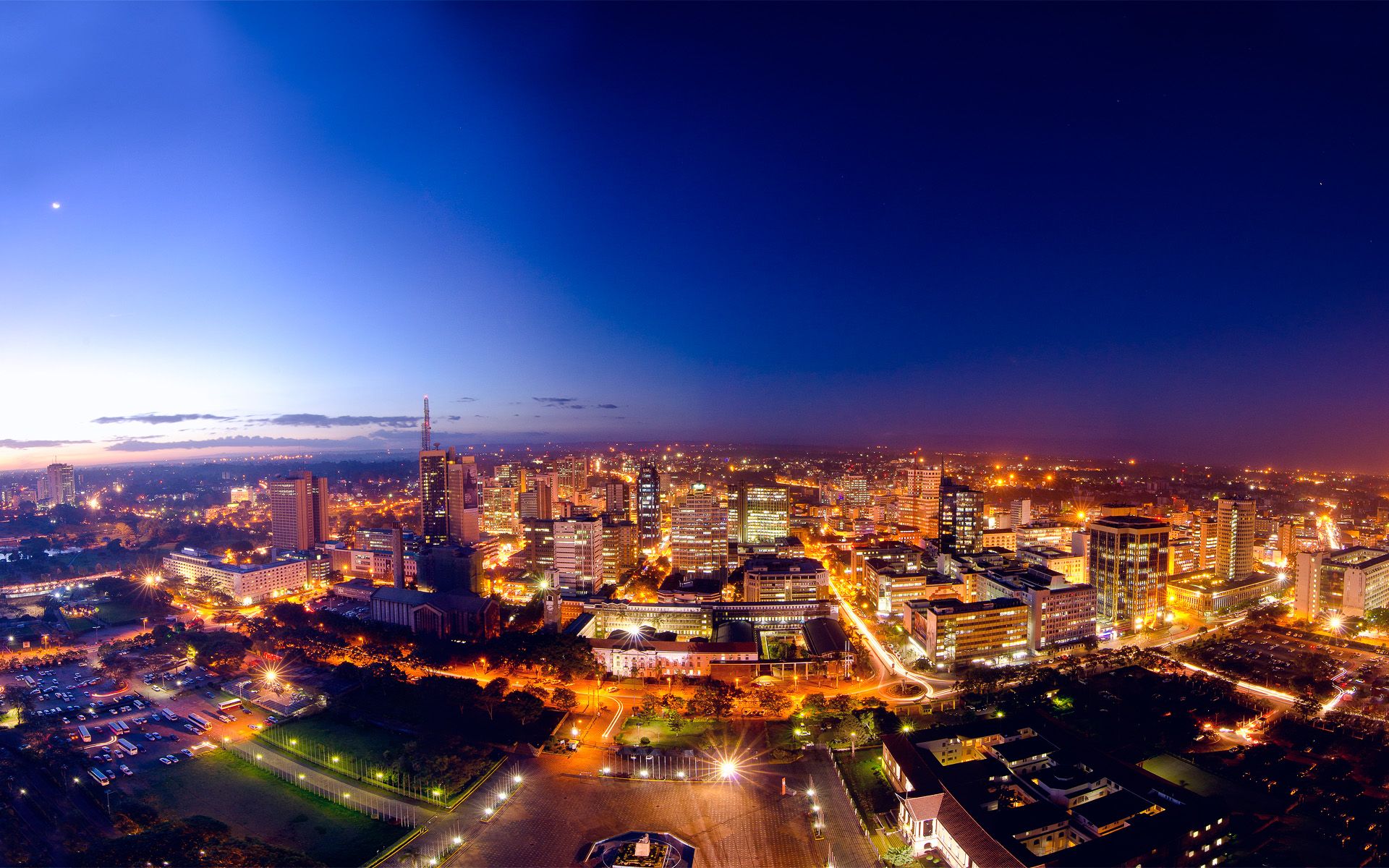 Nairobi's city lights at dusk, seen from above